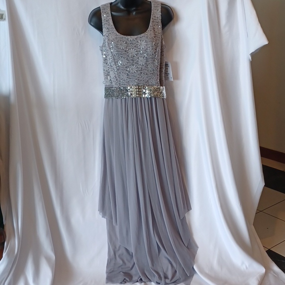 R&M Collection Platinum Gown with Lace Sequin bodice, New
